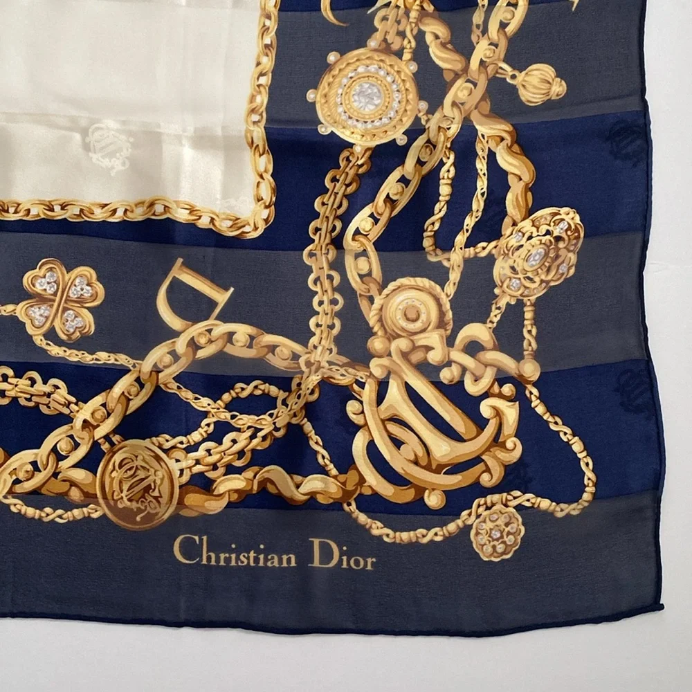 Christian Dior 100% silk scarf. Deep rich, navy blue gold cream color 34 x34